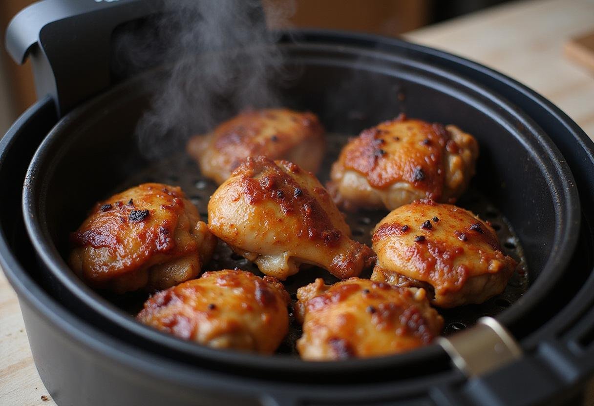 Removing perfectly cooked air fryer BBQ chicken thighs from the basket, showcasing their delicious and juicy appearance.