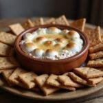 Delicious air fryer s'mores dip served with graham crackers on a rustic table, perfect for sharing.