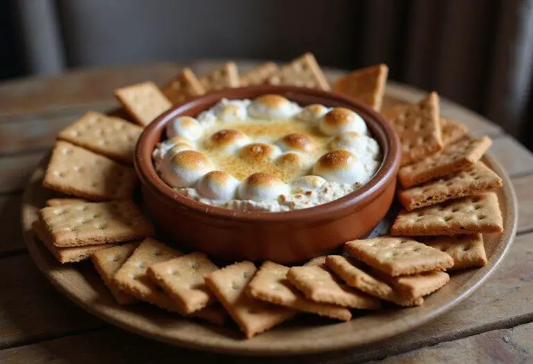 Delicious air fryer s'mores dip served with graham crackers on a rustic table, perfect for sharing.
