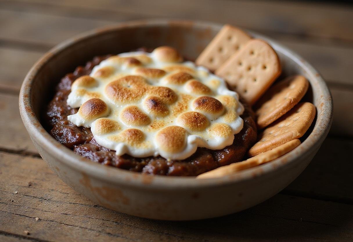 Delicious air fryer s'mores dip served with graham crackers on a rustic table, perfect for sharing.