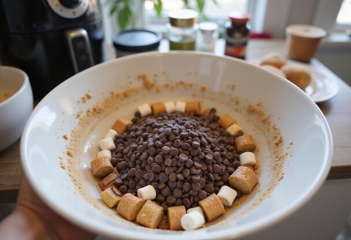 Making air fryer s'mores dip with chocolate chips and marshmallows in a cozy kitchen.