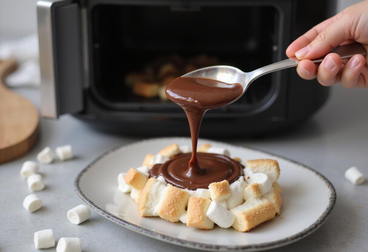 Preparing for air fryer s'mores dip by placing chocolate and marshmallows into a small dish near the air fryer.
