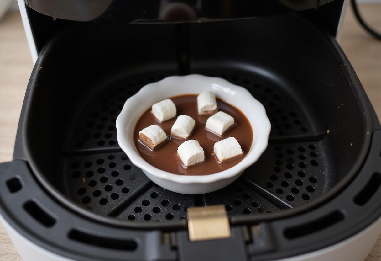 Air fryer set up with a dish containing s'mores dip inside, ready to be cooked for a delicious dessert.