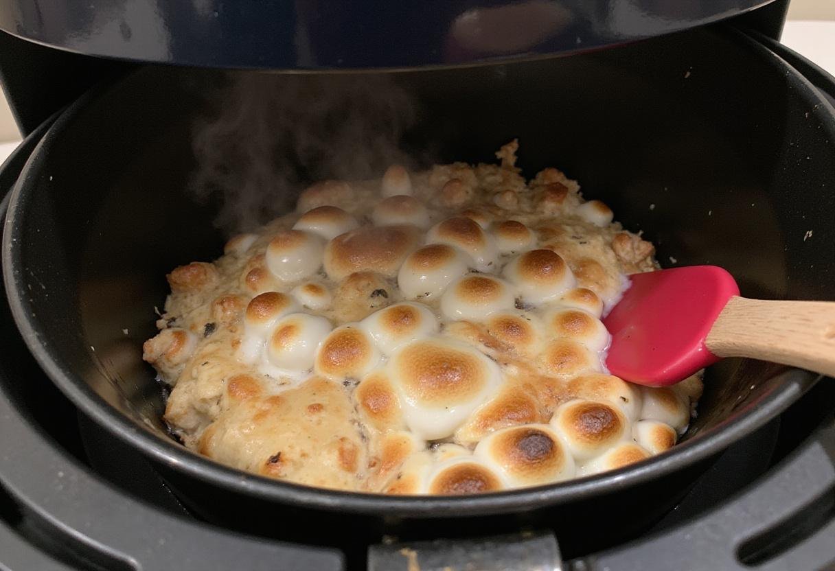 Freshly cooked s'mores dip in an air fryer, bubbling and melted, ready to be enjoyed.