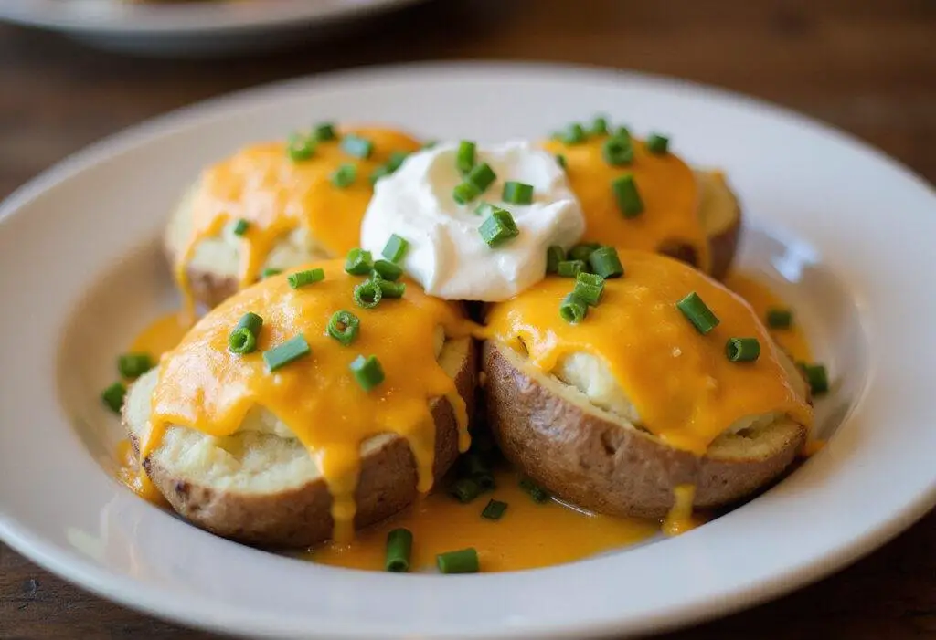 Delicious air fryer twice baked potatoes served on a plate, showcasing the final result of this easy air fryer recipe.