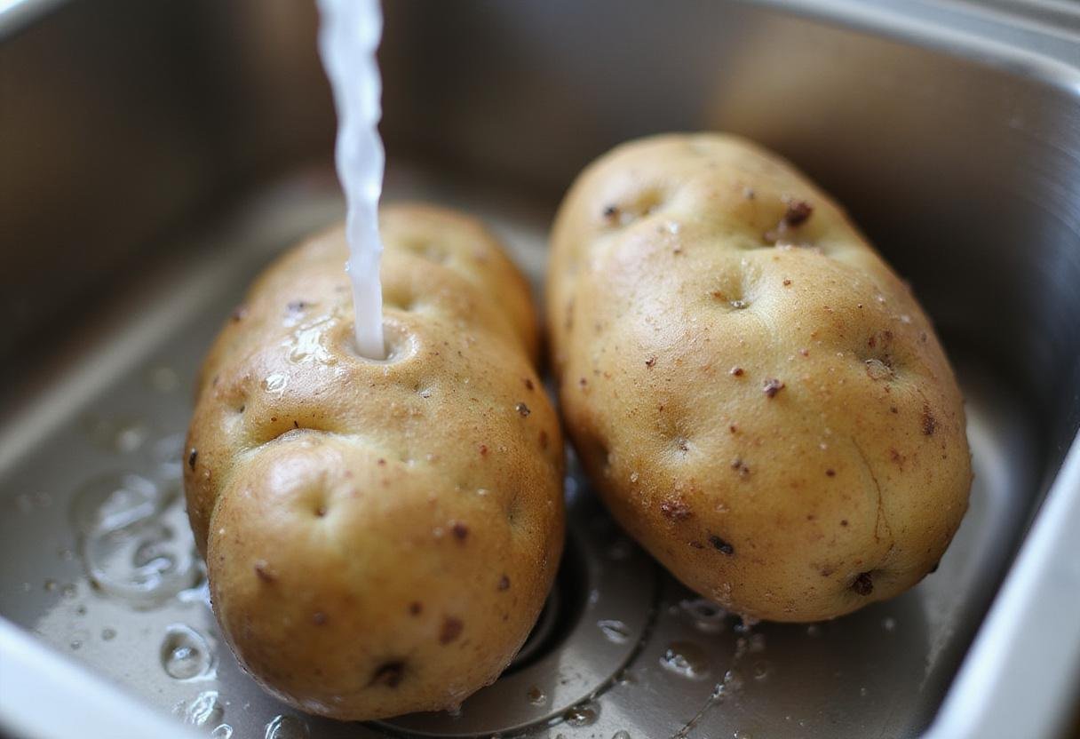 Freshly scrubbed russet potatoes ready for air fryer twice baked potatoes, highlighting the prep for easy air fryer recipes.