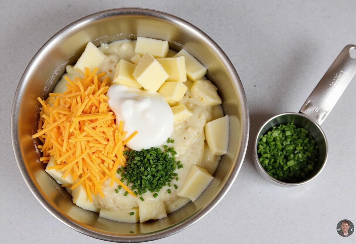 Creamy filling for twice baked potatoes ready to be stuffed, showcasing the rich ingredients used in air fryer twice baked potatoes.