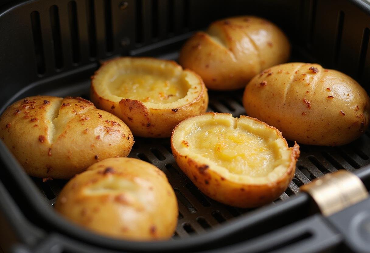 Golden brown air fryer twice baked potatoes in the basket, illustrating the final cooking stage before serving.
