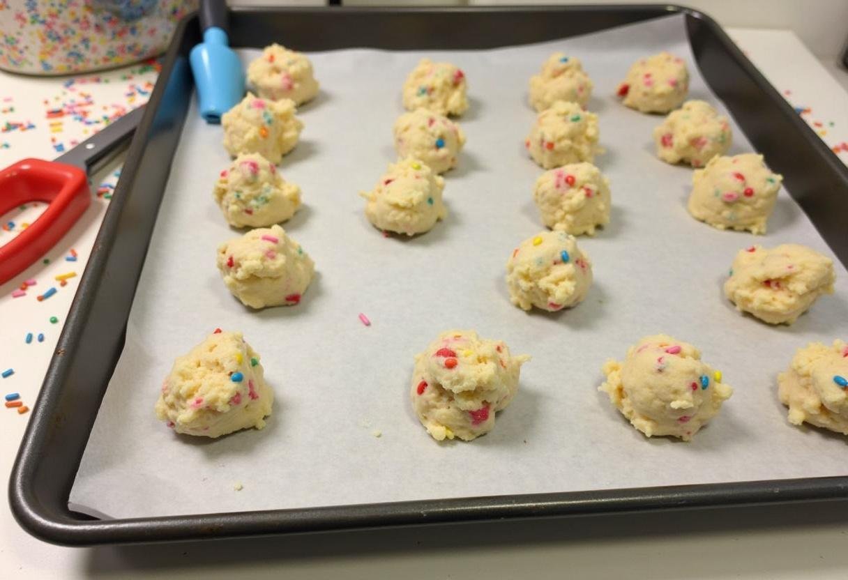 Preparation of Funfetti cookies on an easy cake mix cookie recipe with vibrant dough and sprinkles, waiting to be baked.