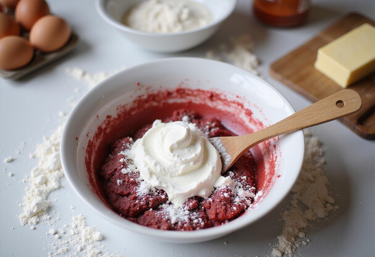 Mixing cool whip into red velvet cake mix for easy cake mix cookies in a bright kitchen.
