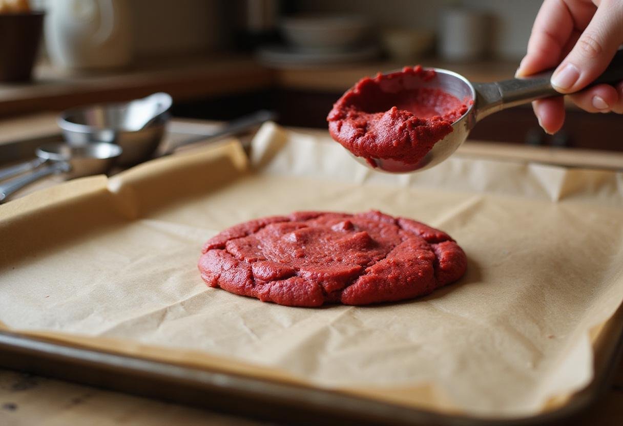 Placing red velvet cookie dough on a baking tray, preparing easy cake mix cookies in a cozy kitchen.
