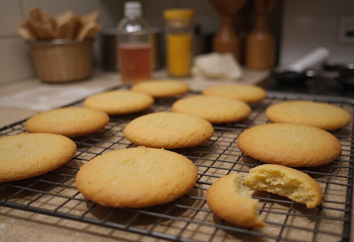 Cooling ooey gooey butter cookies made from cake mix on a wire rack in a cheerful kitchen.