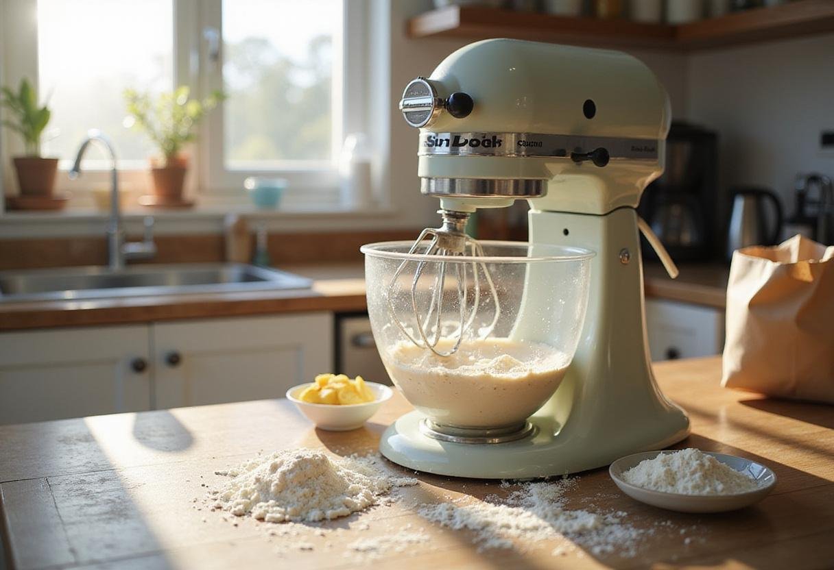 Action shot of an electric mixer blending cake mix donuts and muffin batter with a warm, homey kitchen backdrop.