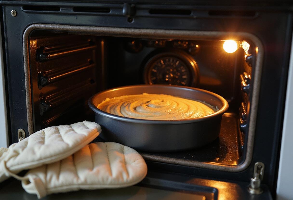 Image depicting a baking setup for pound cake mix, capturing the moment before placing the cake into the oven.