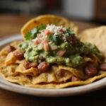 Delicious chilaquiles verdes close-up, authentic chilaquiles salsa verde ready to serve, traditional Mexican cuisine dish