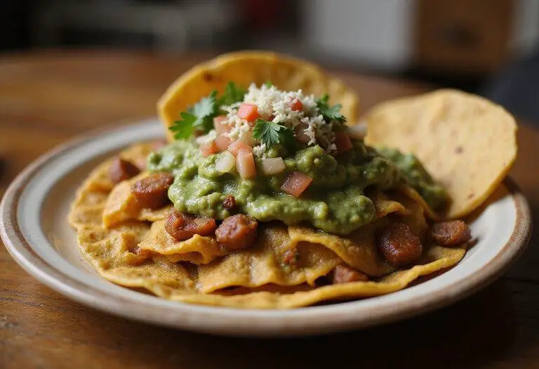 Delicious chilaquiles verdes close-up, authentic chilaquiles salsa verde ready to serve, traditional Mexican cuisine dish
