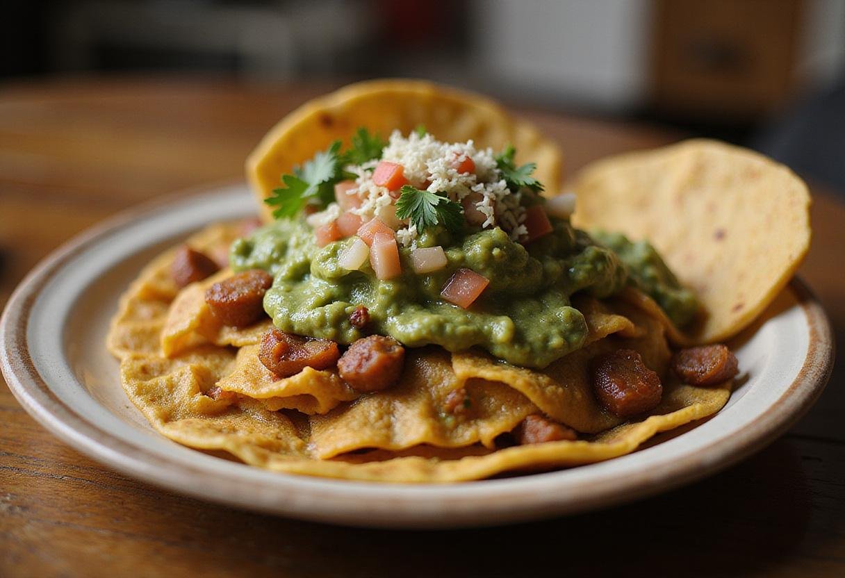 Delicious chilaquiles verdes close-up, authentic chilaquiles salsa verde ready to serve, traditional Mexican cuisine dish