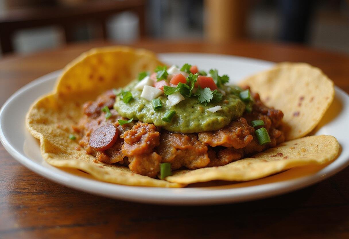 Delicious chilaquiles verdes close-up, authentic chilaquiles salsa verde ready to serve, traditional Mexican cuisine dish