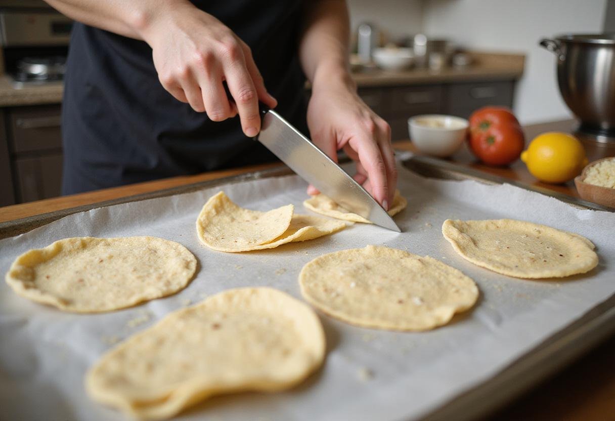 Cutting tortillas for Easy Chilaquiles Verdes recipe, tacos, salsa verde preparation
