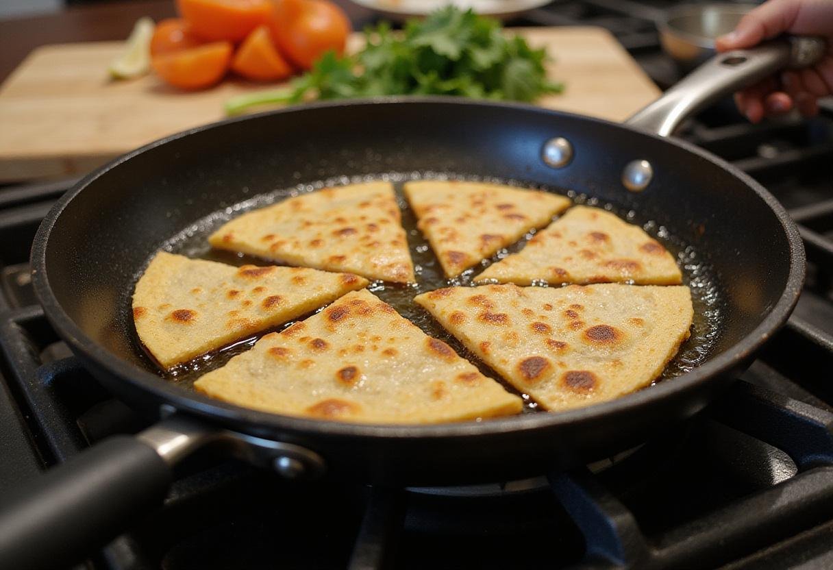 Frying tortilla triangles for chilaquiles verdes, crispy tortillas, chilaquiles salsa verde cooking process