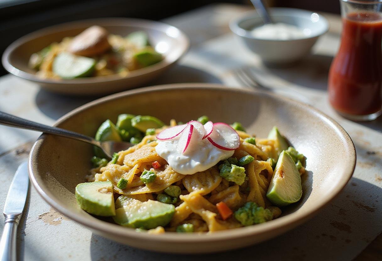 Table display of Easy Chilaquiles Verdes with salsa verde, traditional Mexican food presentation, how to make chilaquiles verdes setup