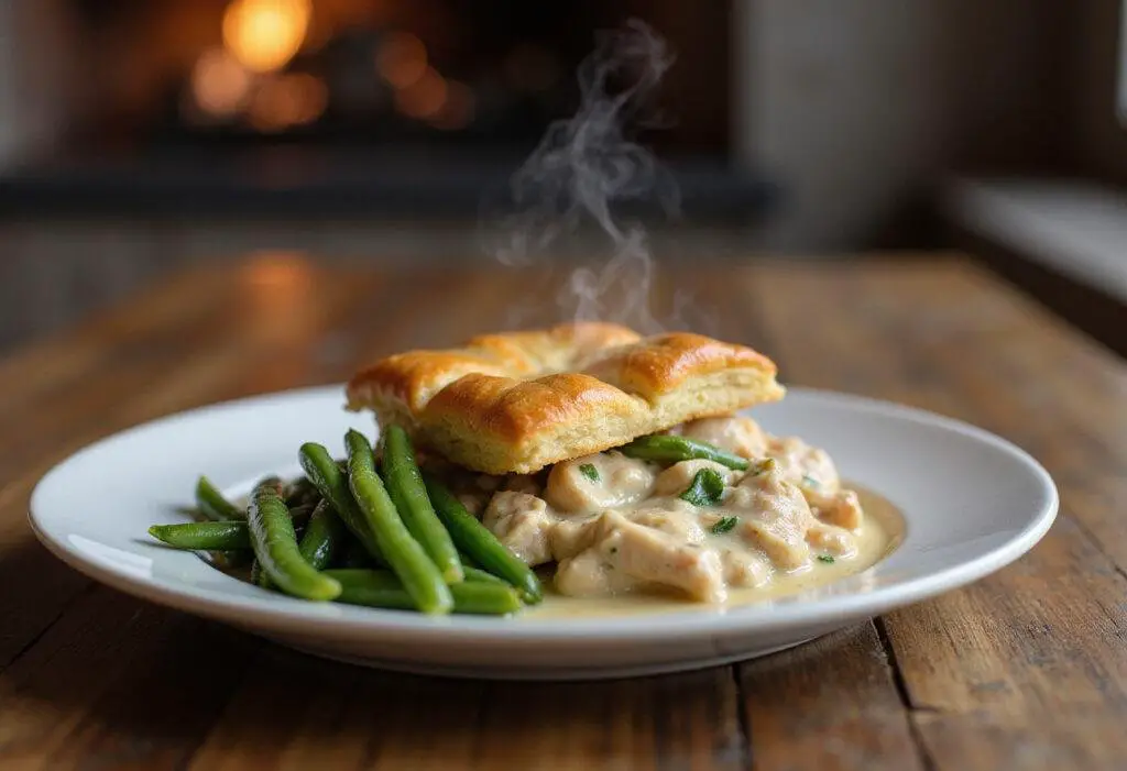 Completed chicken pot pie served on a plate, showcasing the flaky crust and flavorful filling.