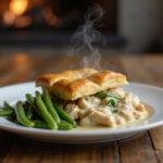 Completed chicken pot pie served on a plate, showcasing the flaky crust and flavorful filling.