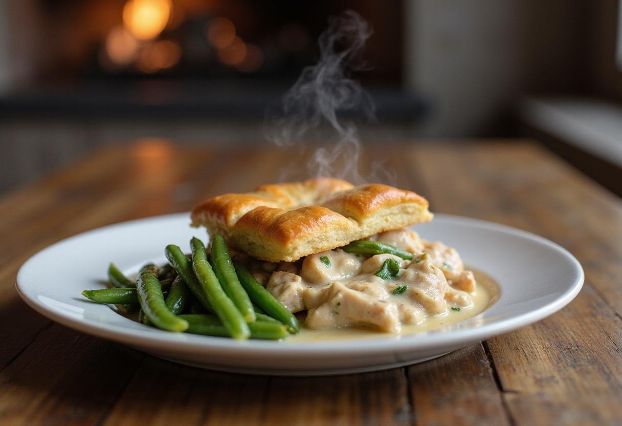 Completed chicken pot pie served on a plate, showcasing the flaky crust and flavorful filling.