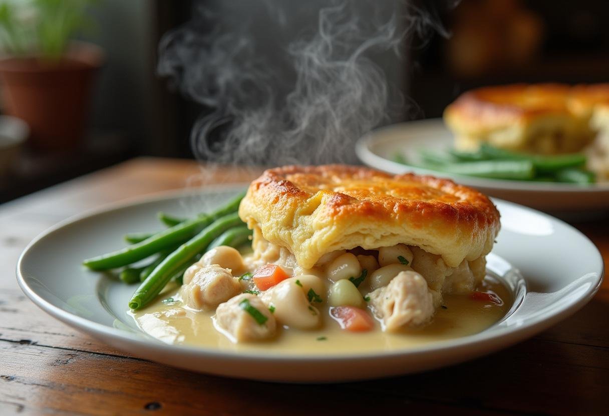 Completed chicken pot pie served on a plate, showcasing the flaky crust and flavorful filling.