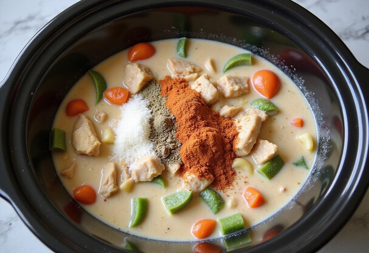 Crock pot filled with ingredients for chicken pot pie, including chicken and creamy soup.