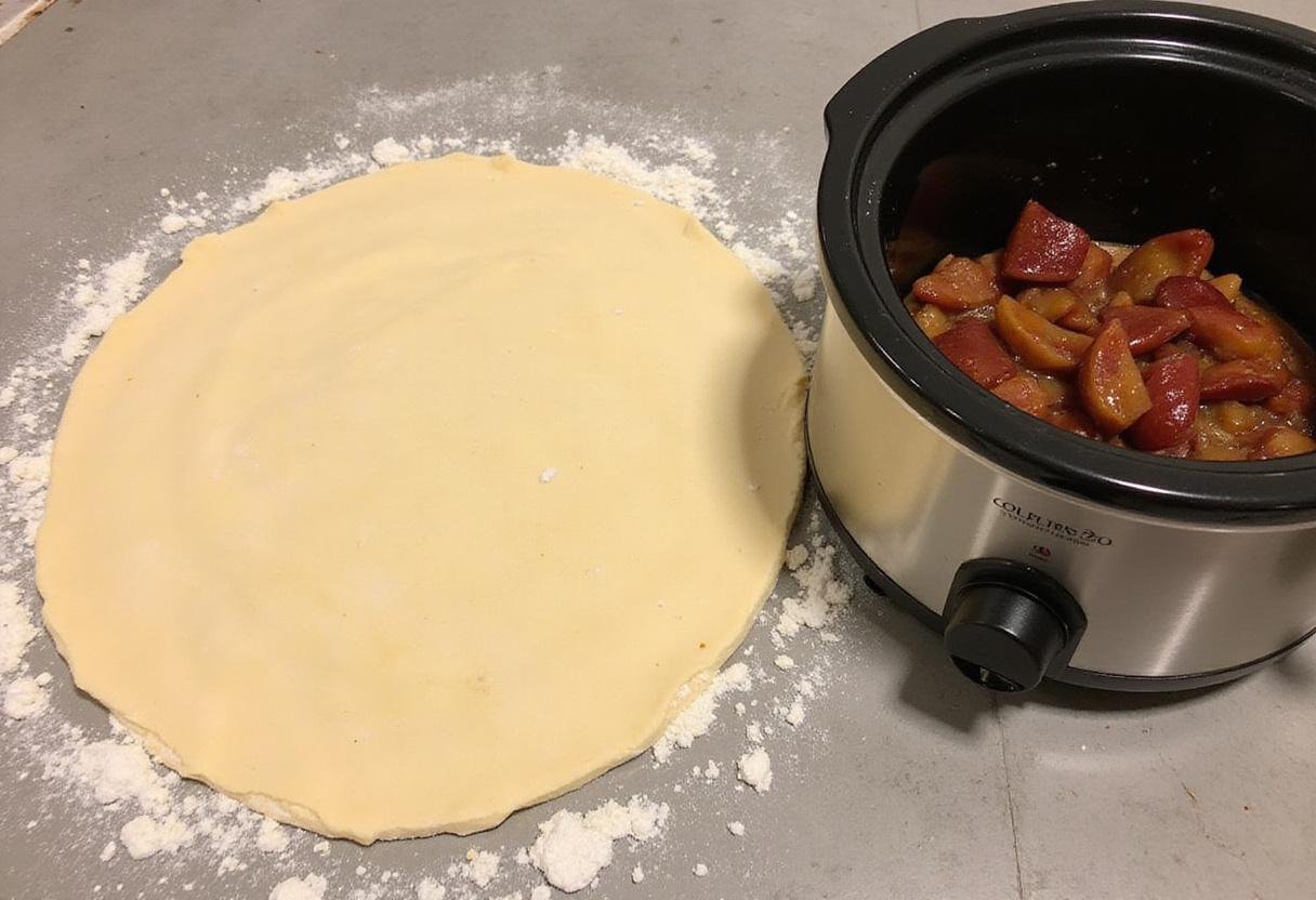 Rolling out pie crust for chicken pot pie to place on top of the crock pot filling.
