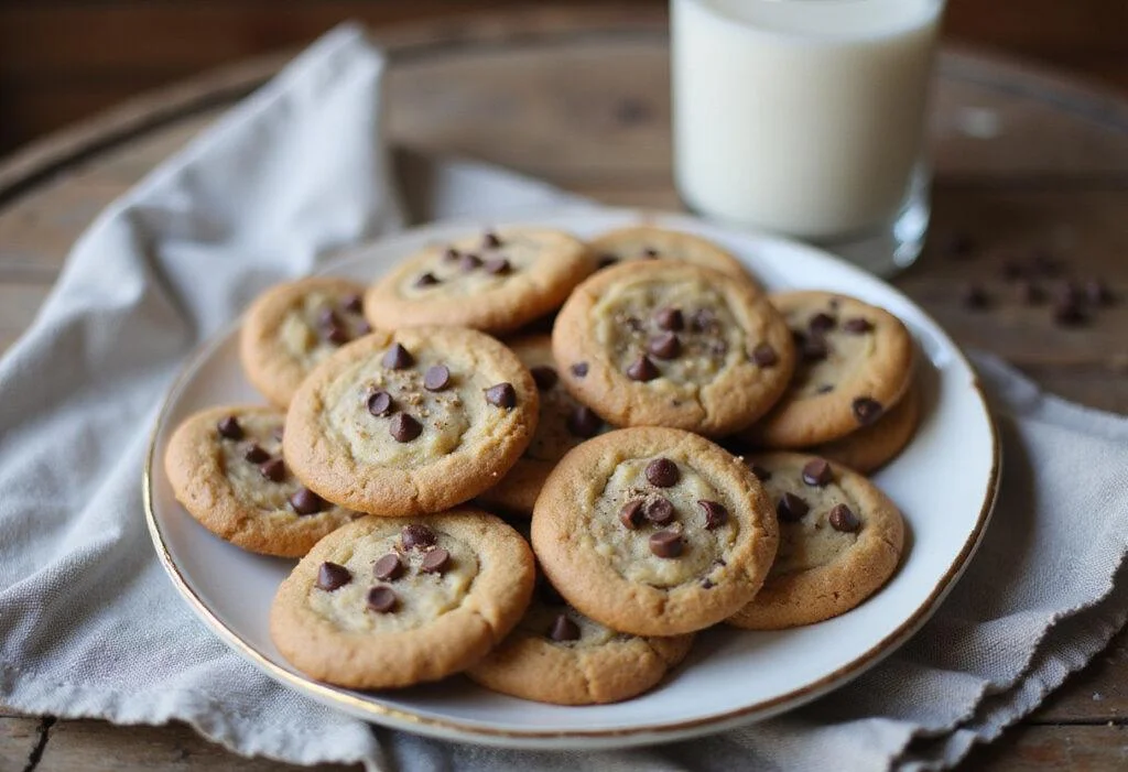 Delicious no bake chocolate chip cookies displayed on a plate with a glass of milk ready to enjoy.