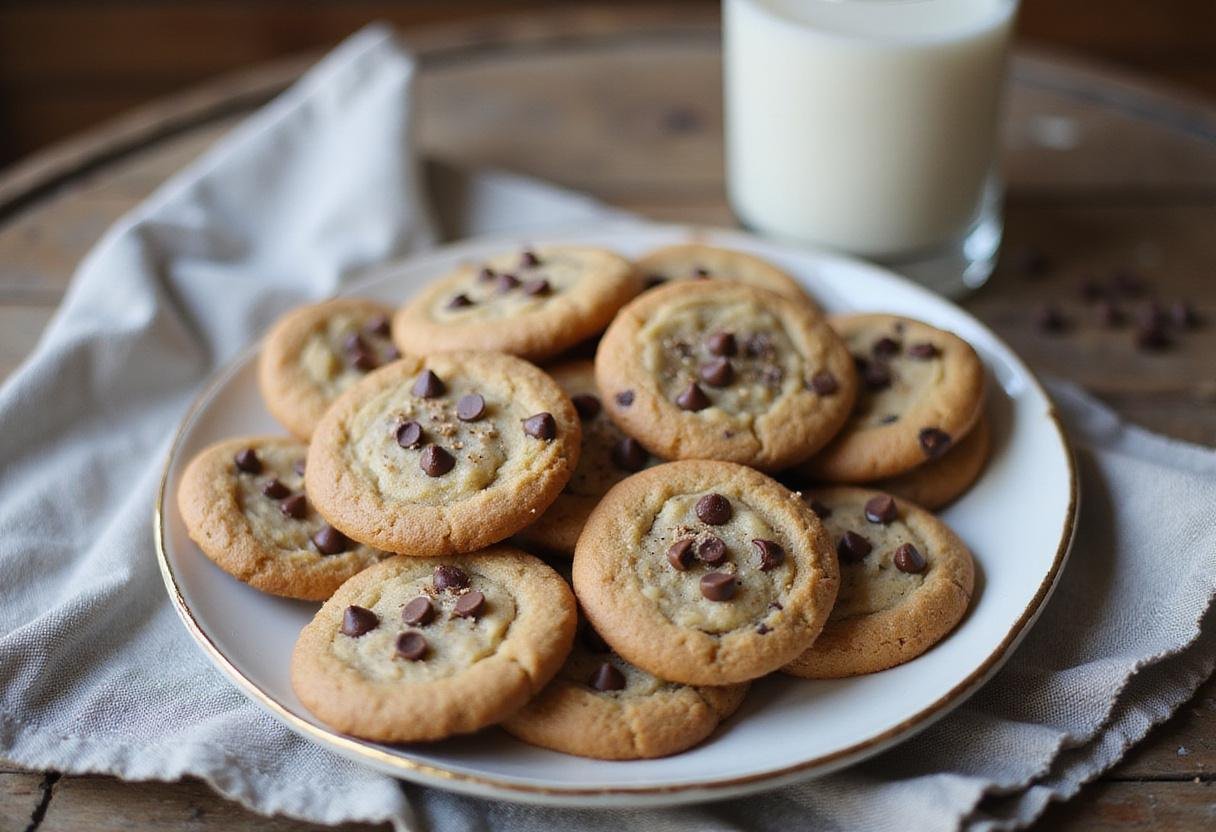 Delicious no bake chocolate chip cookies displayed on a plate with a glass of milk ready to enjoy.