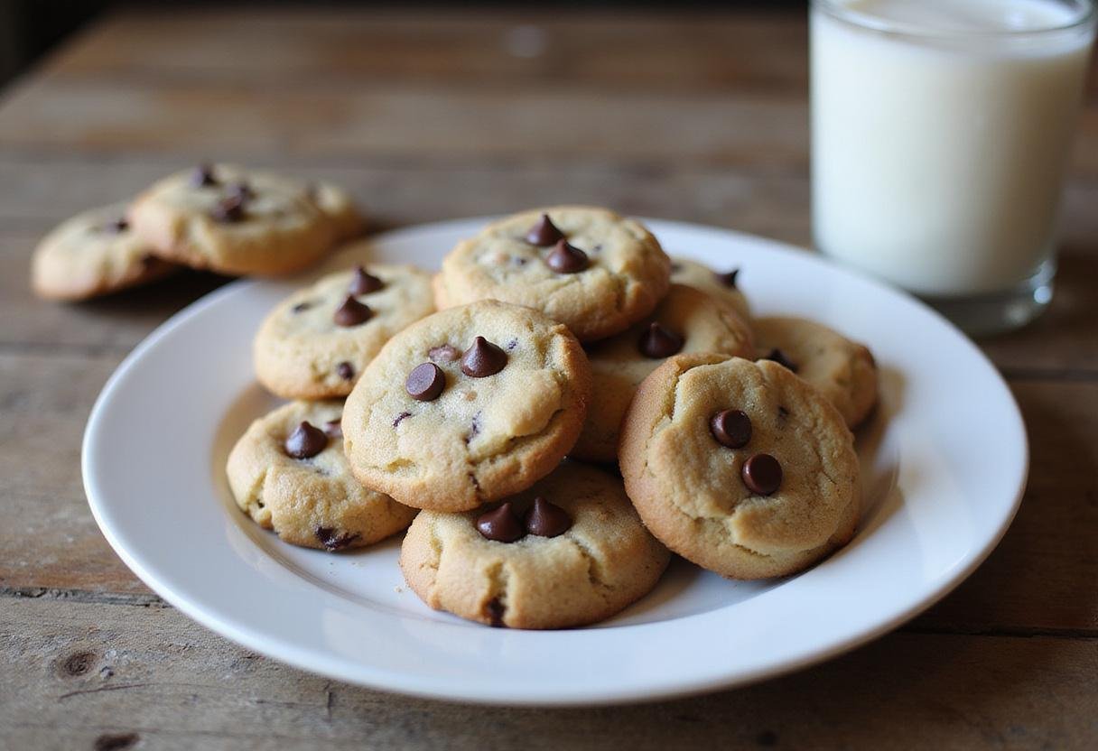 Delicious no bake chocolate chip cookies displayed on a plate with a glass of milk ready to enjoy.