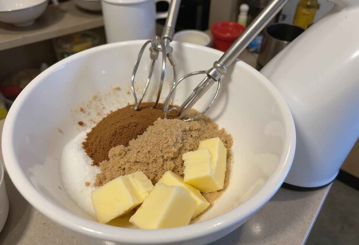No bake chocolate chip cookies preparation with blended butter and sugars in a bright kitchen.