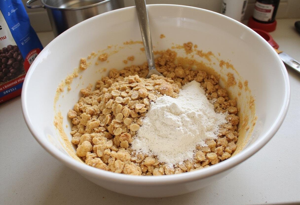 Mixing oats and flour for no bake chocolate chip cookies in a cozy kitchen setting.