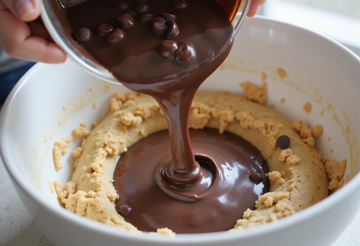 Adding chocolate chips to no bake chocolate chip cookie mixture for a delicious treat.