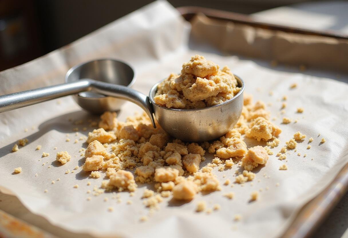 Scooping dough for no bake chocolate chip cookies onto a baking sheet in a cheerful kitchen.