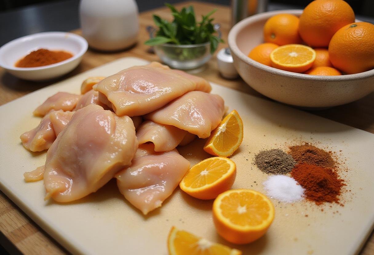 Dicing chicken thighs for orange marmalade chicken, preparing for a delicious Panda Express inspired meal.