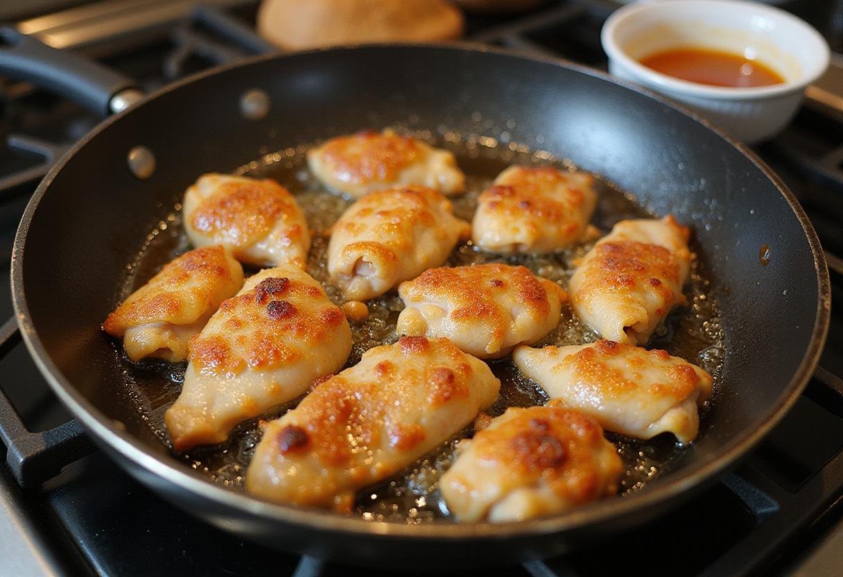 Sizzling chicken in a pan for orange marmalade chicken, capturing the rich flavors inspired by Panda Express orange chicken sauce.