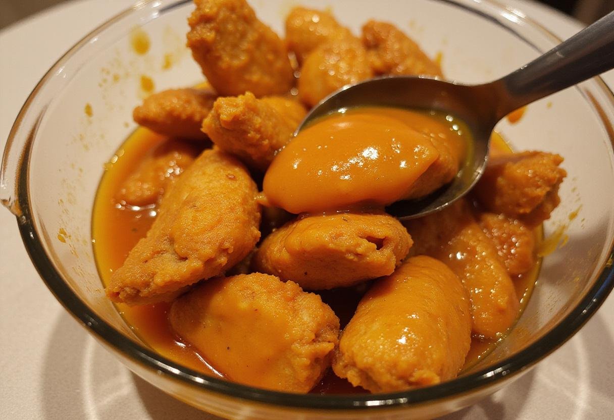 Coating chicken in orange marmalade sauce for orange marmalade chicken, highlighting the vibrant flavors and textures of this easy recipe.