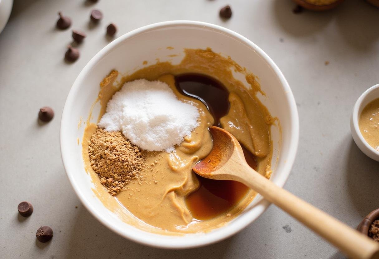 Easy peanut butter cookies ingredients preparation with no eggs or brown sugar, showcasing creamy peanut butter and granulated sugar mixing in a bowl.