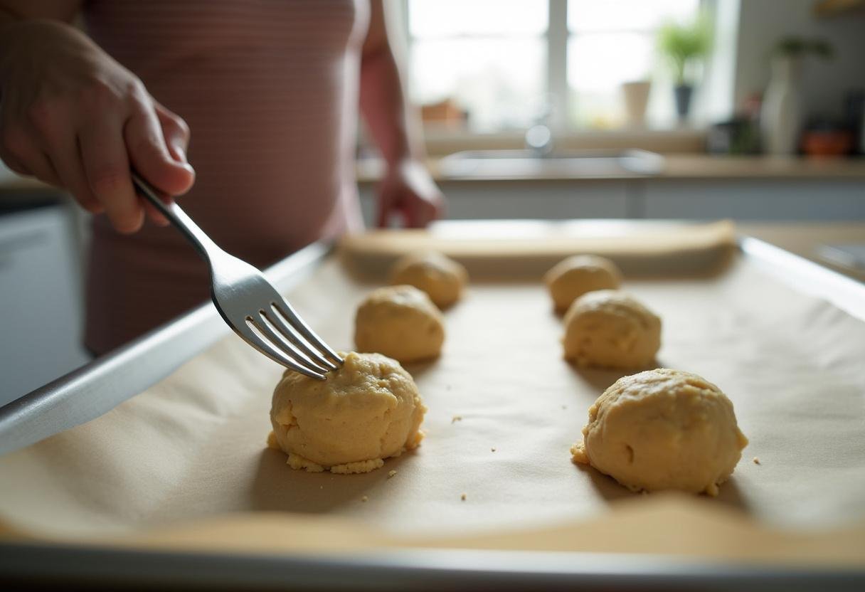 Shaping peanut butter cookie dough on a baking sheet, demonstrating the classic crisscross fork pattern for eggless cookie recipes.