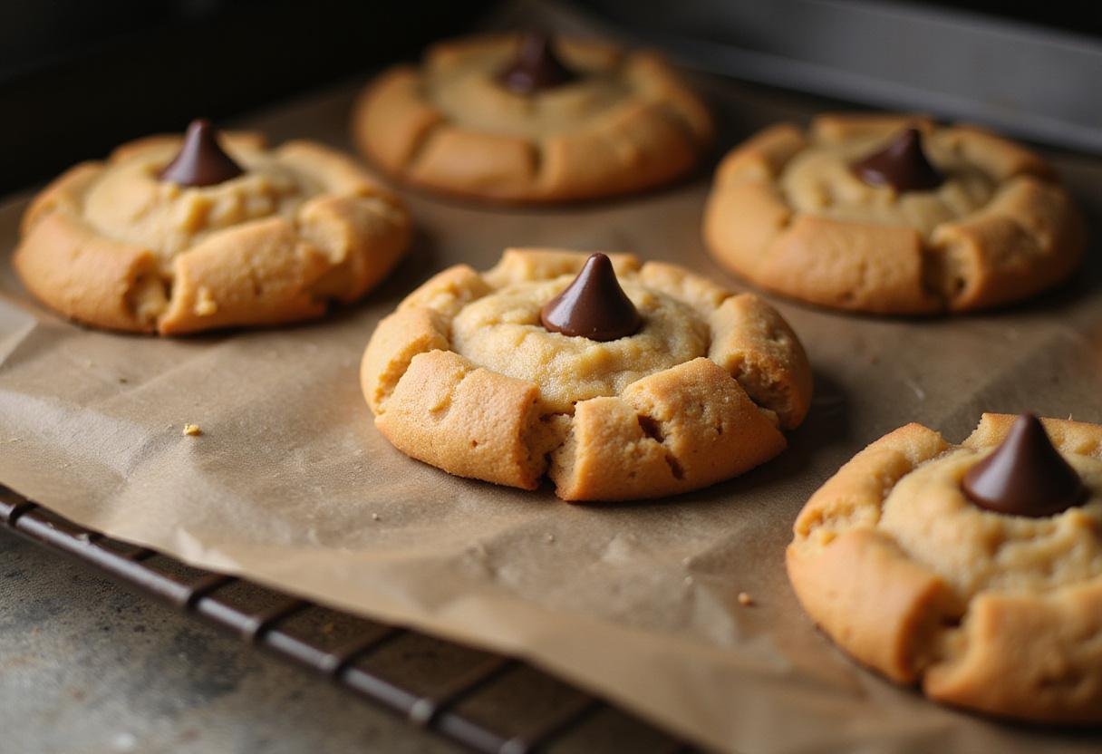 Freshly baked easy peanut butter cookies cooling down, displaying a golden color and chocolate chips, perfect for a delicious treat.