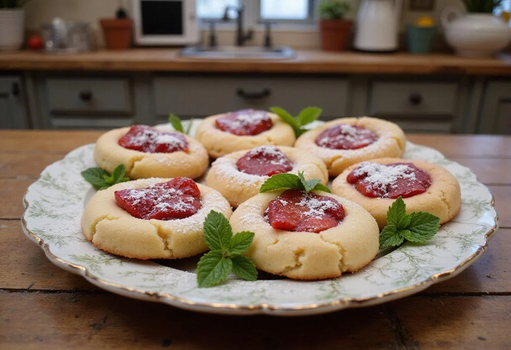 Deliciously plated easy strawberry cheesecake cookies, garnished with mint leaves and powdered sugar, rustic table setting, showcasing the final dessert.