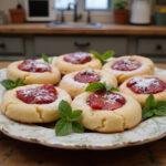 Deliciously plated easy strawberry cheesecake cookies, garnished with mint leaves and powdered sugar, rustic table setting, showcasing the final dessert.