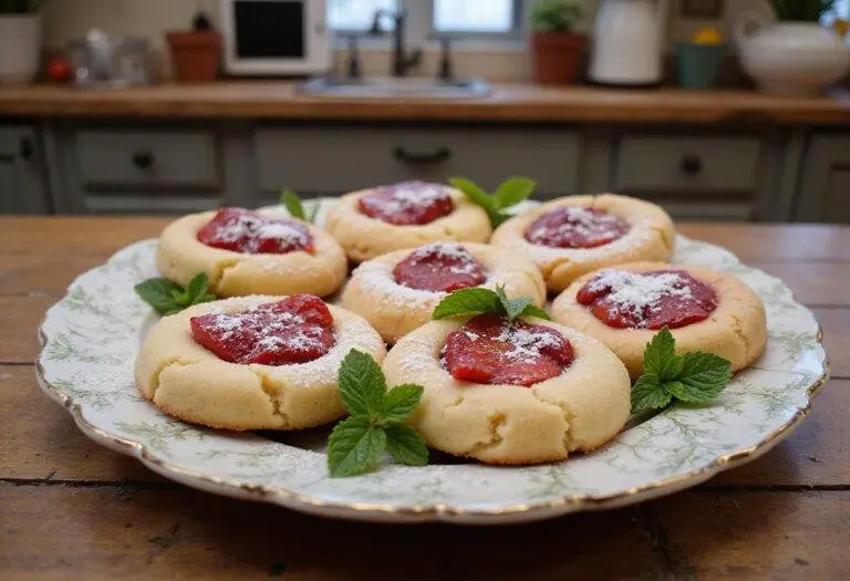 Deliciously plated easy strawberry cheesecake cookies, garnished with mint leaves and powdered sugar, rustic table setting, showcasing the final dessert.