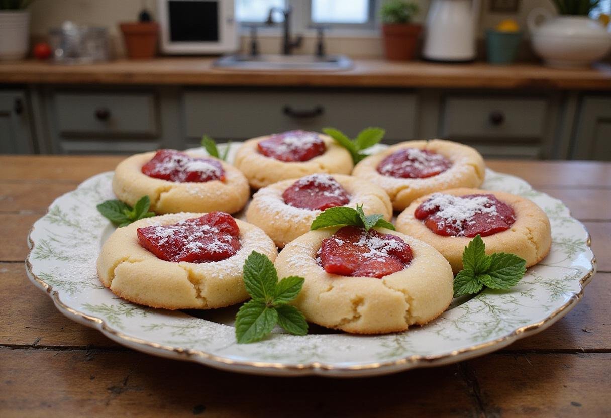 Deliciously plated easy strawberry cheesecake cookies, garnished with mint leaves and powdered sugar, rustic table setting, showcasing the final dessert.