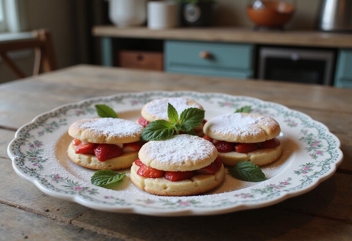Deliciously plated easy strawberry cheesecake cookies, garnished with mint leaves and powdered sugar, rustic table setting, showcasing the final dessert.