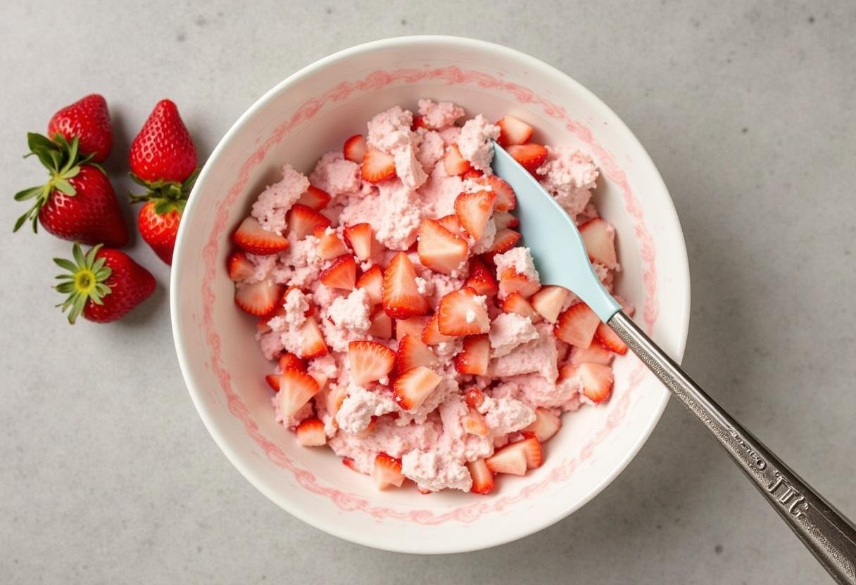 Folding crushed strawberries into the cream cheese for easy strawberry cheesecake cookies, colorful kitchen scene with fresh strawberries nearby.